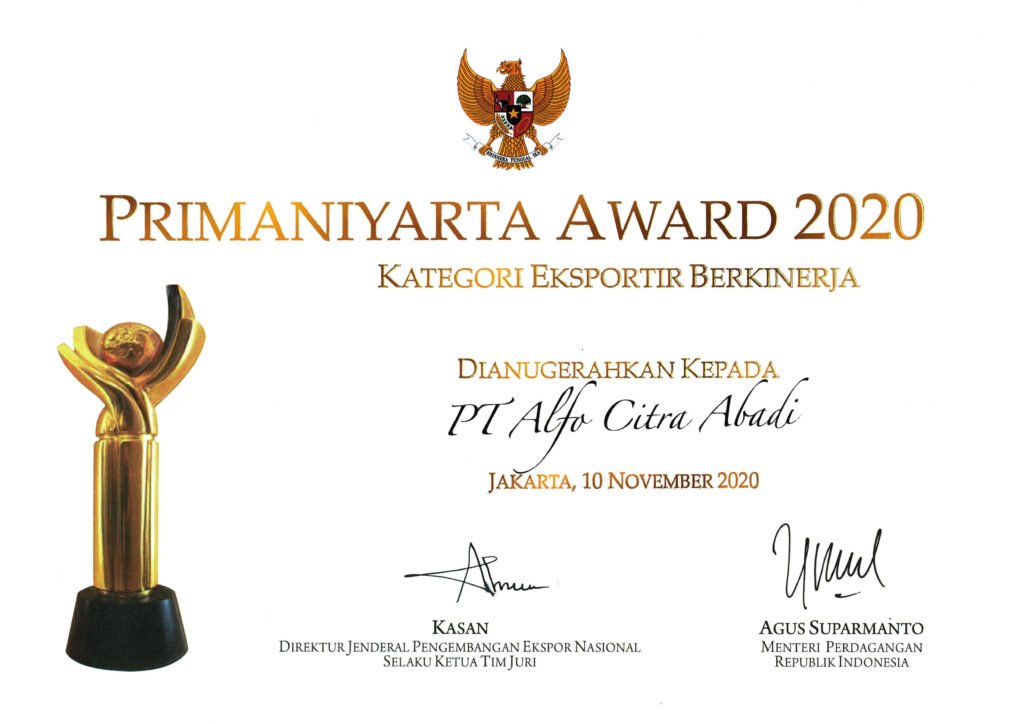 PT. Alfo Citra Abadi’s Primaniyarta 2020 Certificate for Outstanding Aluminum Extrusion Exports