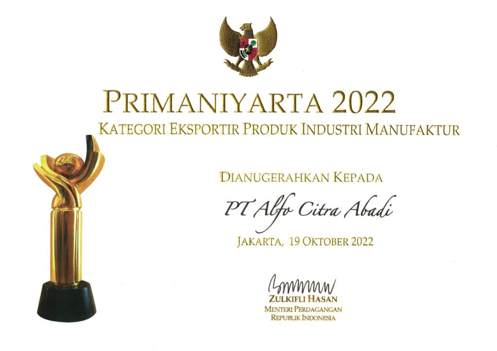 Best Aluminum Extrusion Factory Award Certificate – PT. Alfo Citra Abadi, Leading Manufacturer & Exporter
